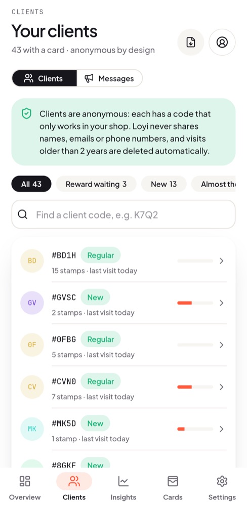 Client list with anonymous client codes