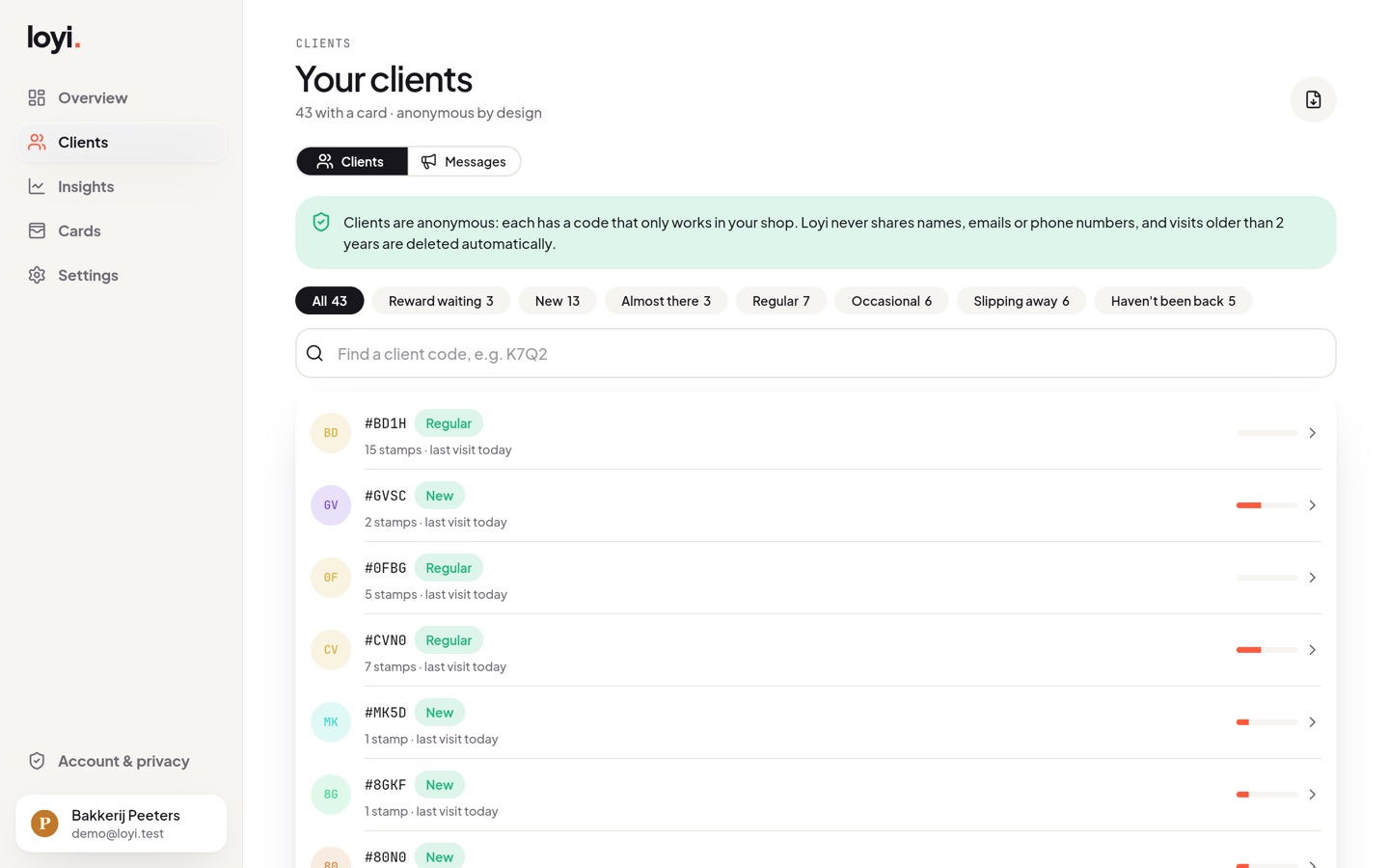 The client list: every client as an anonymous code with a status such as regular, new or reward waiting