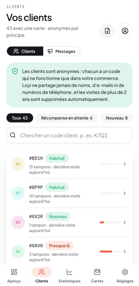 Liste de clients avec des codes clients anonymes