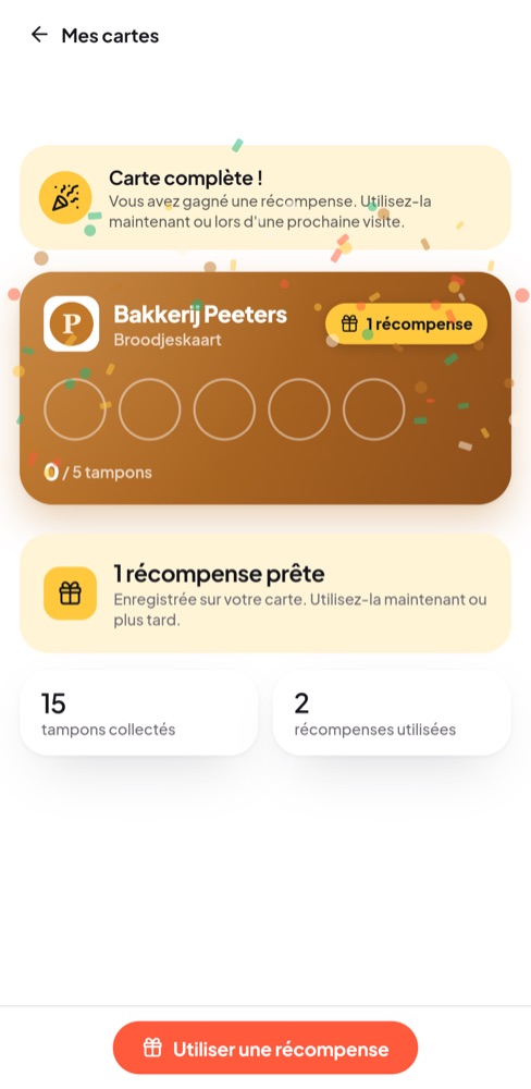 La carte de fidélité complète d'un client, avec des confettis