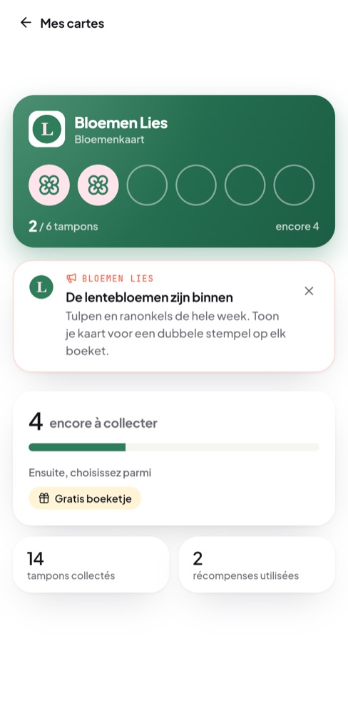 Le message d'un commerce sur la carte du client